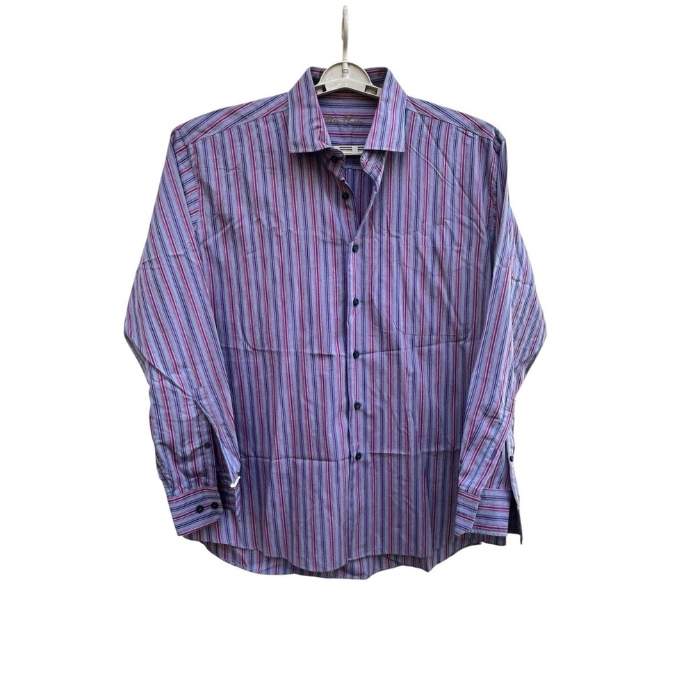 Alan Flusser Shirt Mens XL Blue Pink Striped Button Up Long Sleeve EUC